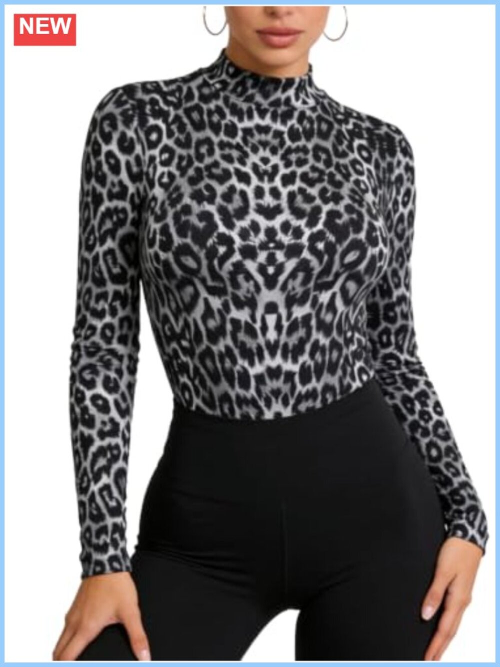 Women's Mock Turtleneck Long Sleeve Slim Fit Leopard Print Top Layering Tee